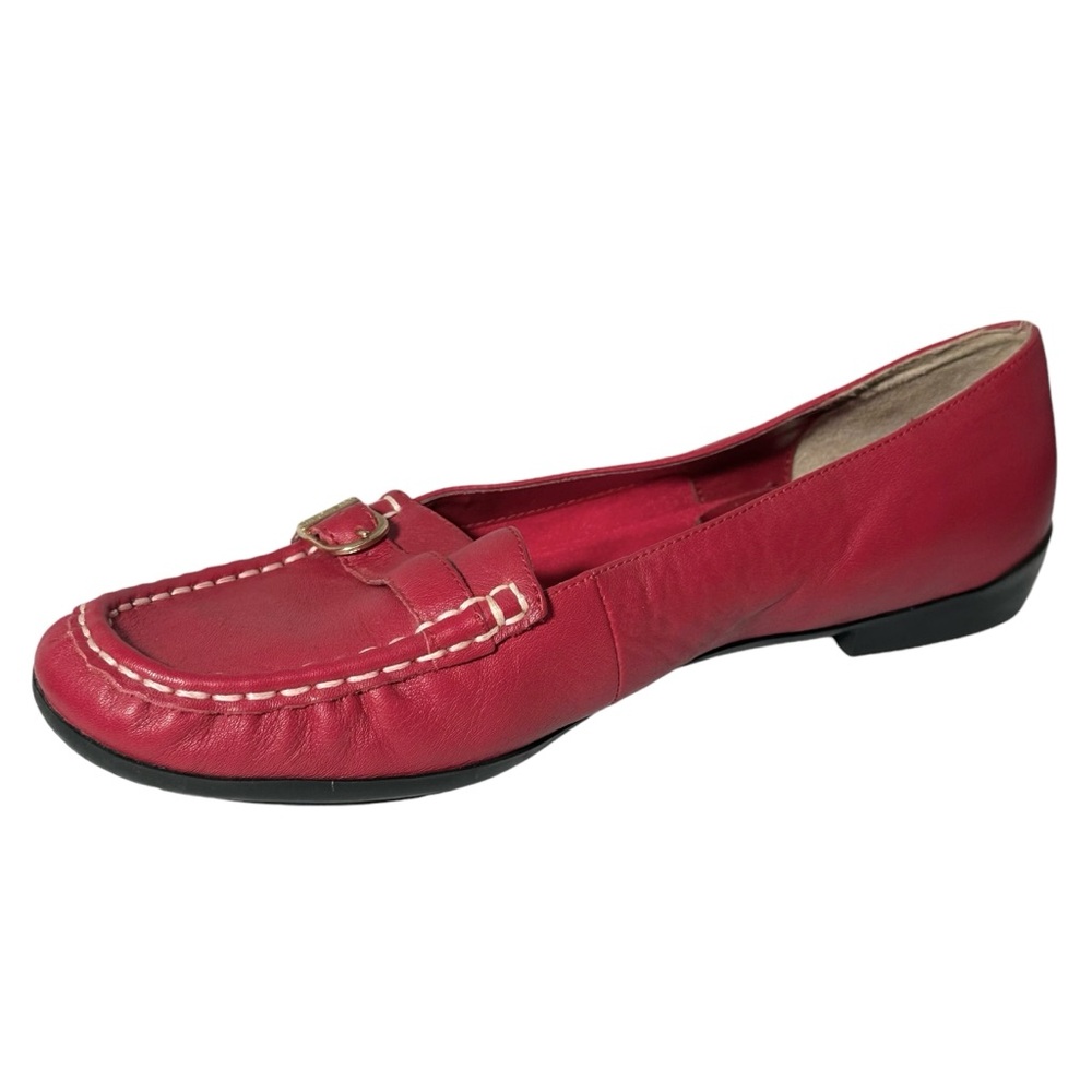 Ann Marino Red Leather Moccasin Loafers with Gold Buckle - Picture 6 of 11